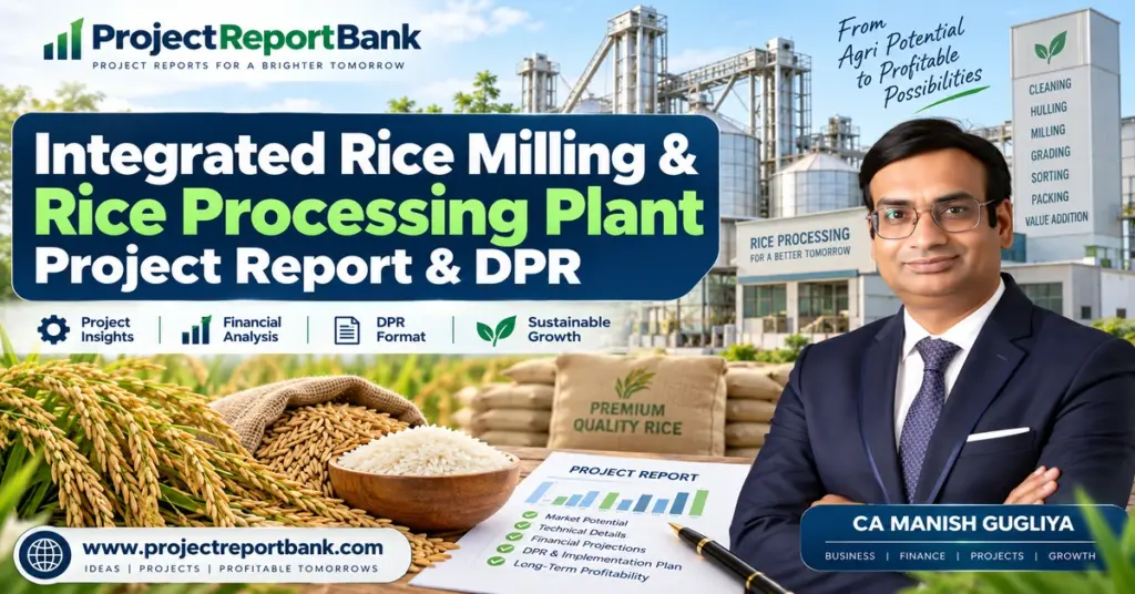 Integrated Rice Milling & Rice Processing Plant Project Report & DPR featuring a modern rice processing facility, paddy and rice grains, financial project report visuals, and CA Manish Gugliya of ProjectReportBank.com.