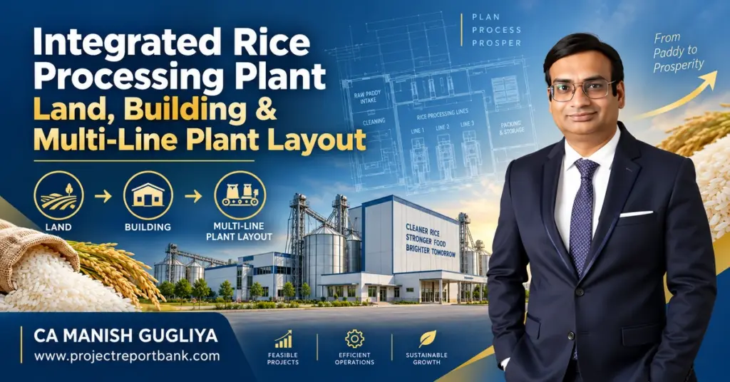 Integrated Rice Processing Plant land, building and multi-line plant layout with rice processing facility and CA Manish Gugliya.