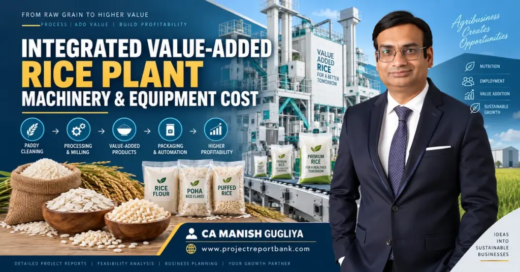 Integrated Value-Added Rice Plant Machinery & Equipment Cost with rice processing machinery, poha, puffed rice products and CA Manish Gugliya.