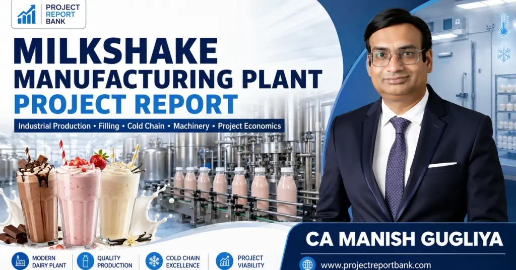 Milkshake Manufacturing Plant Project Report featuring industrial milkshake production, filling line, cold chain, machinery and CA Manish Gugliya.