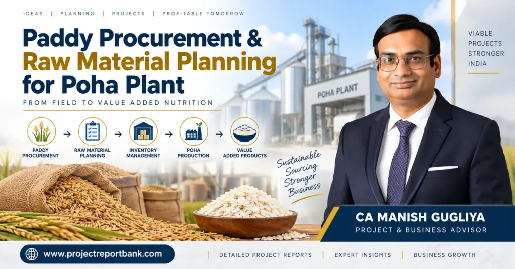 Paddy procurement and raw material planning for Poha plant with paddy grains, inventory management, Poha production process, and CA Manish Gugliya.
