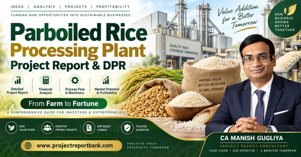 Parboiled Rice Processing Plant Project Report & DPR with rice processing machinery, paddy, parboiled rice, financial analysis, and CA Manish Gugliya.