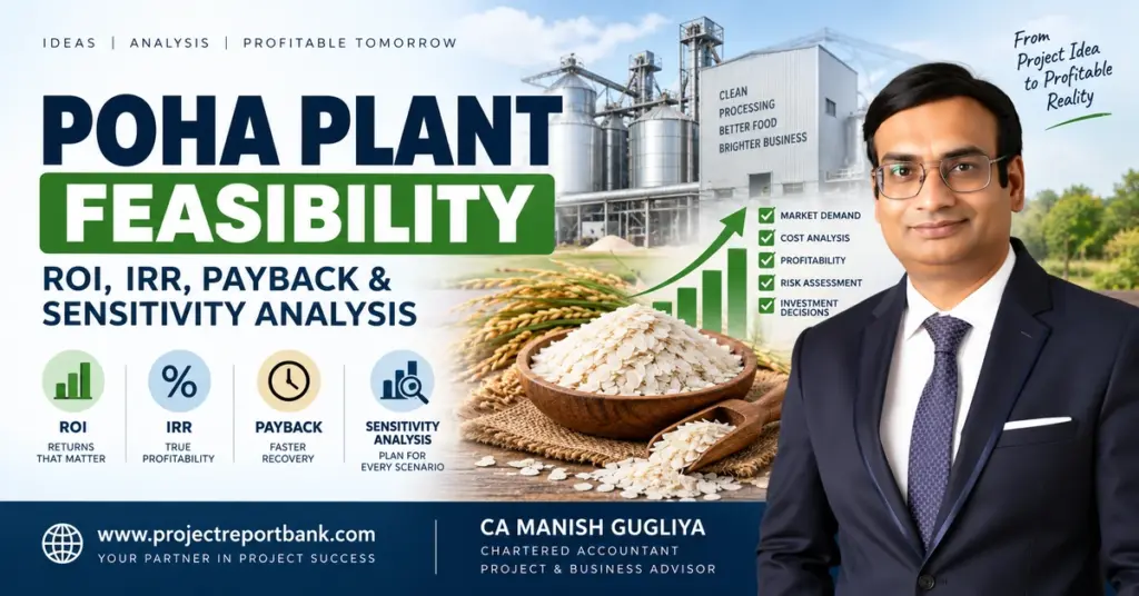 Poha Plant Feasibility, ROI, IRR, Payback and Sensitivity Analysis with CA Manish Gugliya and Poha processing plant financial evaluation.