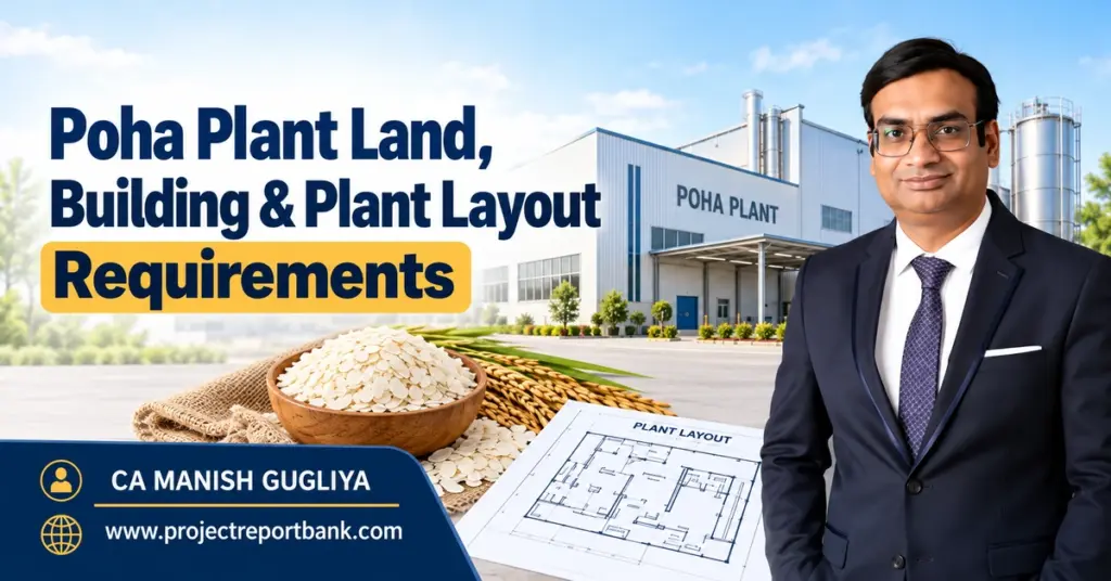 Poha plant land, building and plant layout requirements with factory, rice flakes, layout blueprint and CA Manish Gugliya.