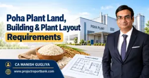 poha plant land building layout requirements Poha plant land, building and plant layout requirements with factory, rice flakes, layout blueprint and CA Manish Gugliya.