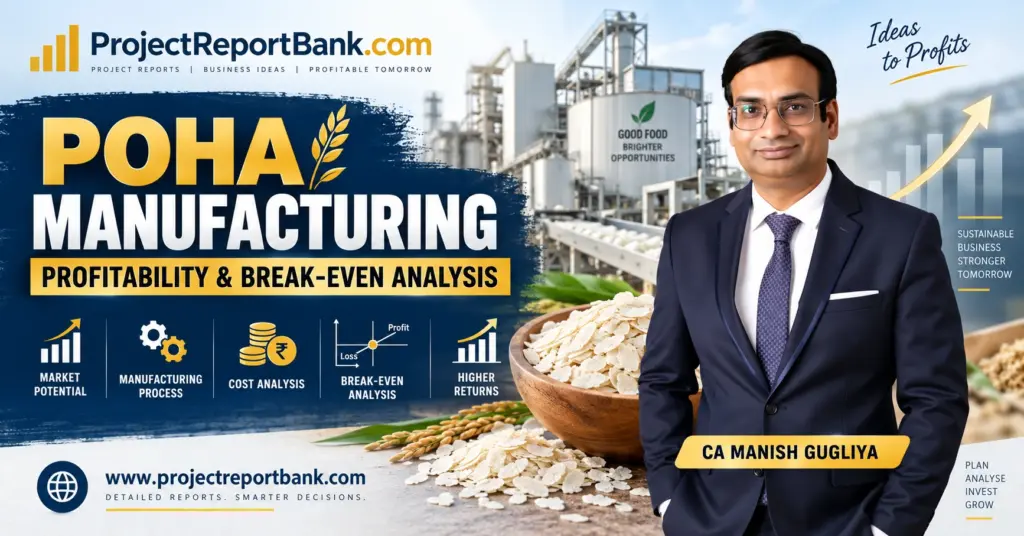 Poha Manufacturing Profitability & Break-Even Analysis with CA Manish Gugliya, showing a Poha processing plant, financial growth charts and cost analysis.
