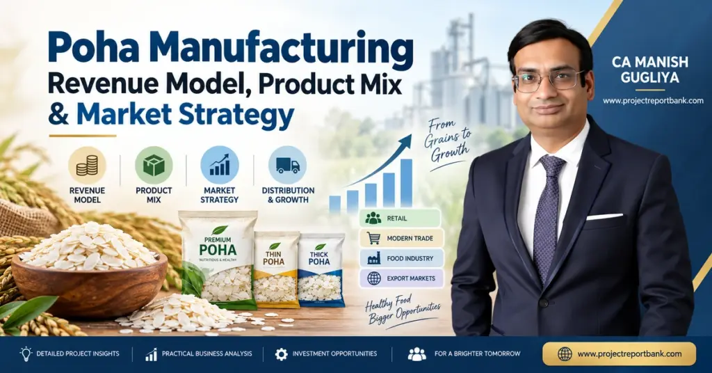 Poha manufacturing revenue model, product mix and market strategy with CA Manish Gugliya, showing packaged poha, sales channels and business growth analysis.
