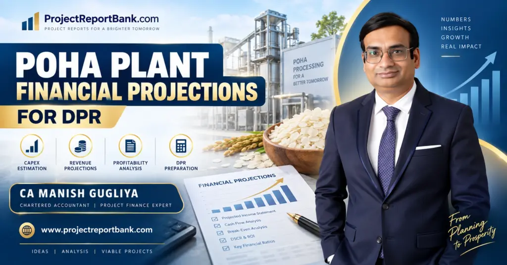 Poha Plant Financial Projections for DPR with CA Manish Gugliya, financial charts, profitability analysis, revenue projections and poha processing plant.