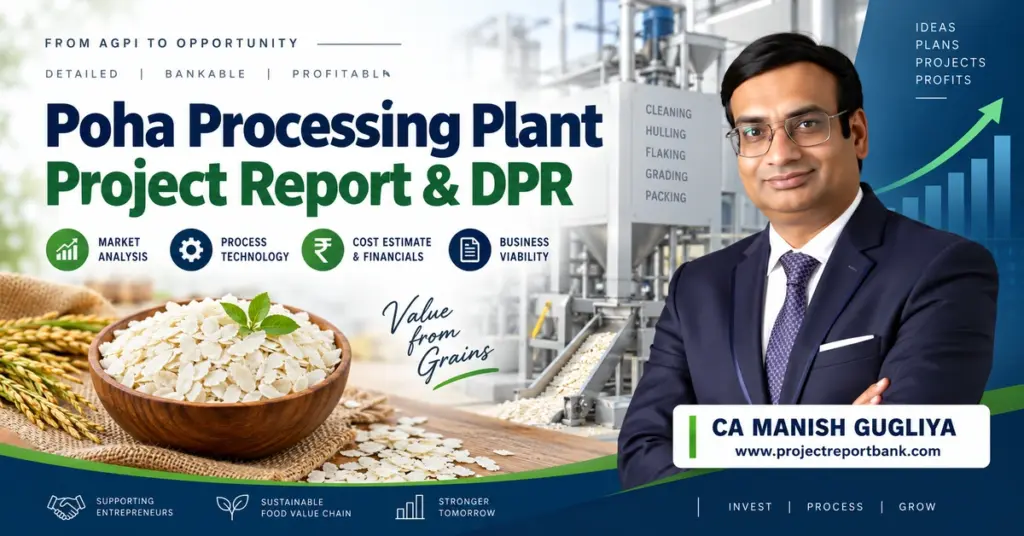 Poha processing plant project report and DPR featuring industrial poha machinery, flattened rice, financial analysis, and CA Manish Gugliya.