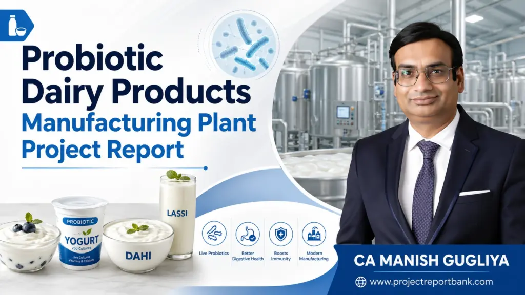 Probiotic Dairy Products Manufacturing Plant Project Report featuring probiotic yogurt, dahi, lassi, dairy processing plant and CA Manish Gugliya.