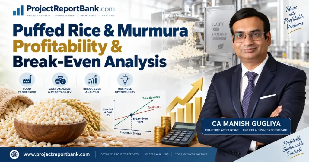 Puffed Rice & Murmura Profitability and Break-Even Analysis with cost chart, profit growth graph, processing plant and CA Manish Gugliya.