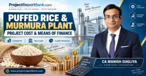 Puffed Rice & Murmura Plant Project Cost and Means of Finance with CA Manish Gugliya, showing plant investment, bank loan, capital structure and manufacturing setup.