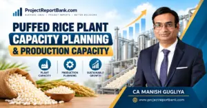 Puffed Rice Plant Capacity Planning and Production Capacity with factory, puffed rice processing line, growth chart, and CA Manish Gugliya.