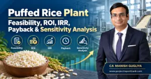 Puffed Rice Plant Feasibility, ROI, IRR, Payback and Sensitivity Analysis by CA Manish Gugliya, featuring puffed rice processing, financial growth charts and project analysis.