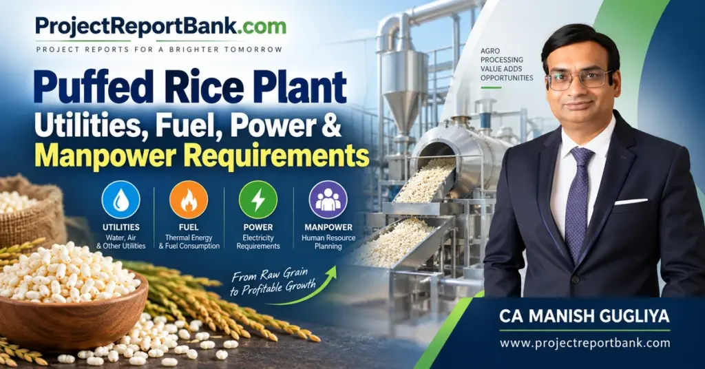 Puffed Rice Plant Utilities, Fuel, Power & Manpower Requirements with CA Manish Gugliya, puffed rice processing machinery, electricity, fuel and workforce planning.