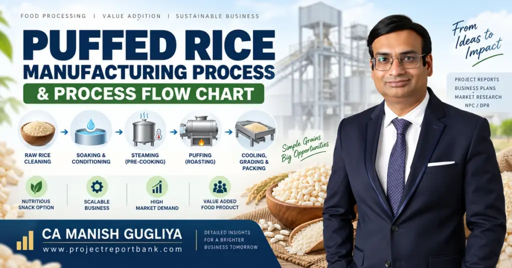 Puffed Rice Manufacturing Process and Process Flow Chart featuring rice cleaning, soaking, steaming, puffing, cooling, grading and packing with CA Manish Gugliya.