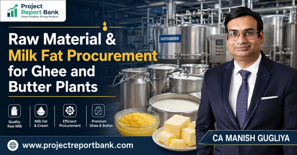 Raw material and milk fat procurement for ghee and butter plants with dairy processing equipment, milk, cream, ghee, butter, and CA Manish Gugliya.