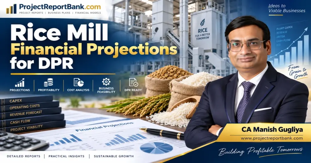 Rice Mill Financial Projections for DPR with CA Manish Gugliya, rice milling plant, financial charts, profitability and project feasibility analysis.