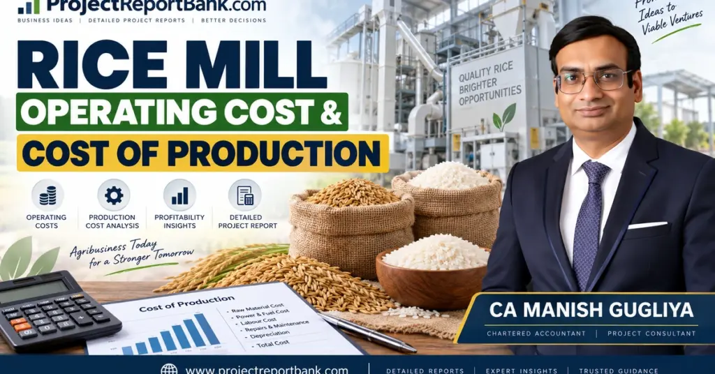 Rice Mill Operating Cost & Cost of Production analysis by CA Manish Gugliya with rice mill machinery, paddy, rice, calculator and financial cost sheet.