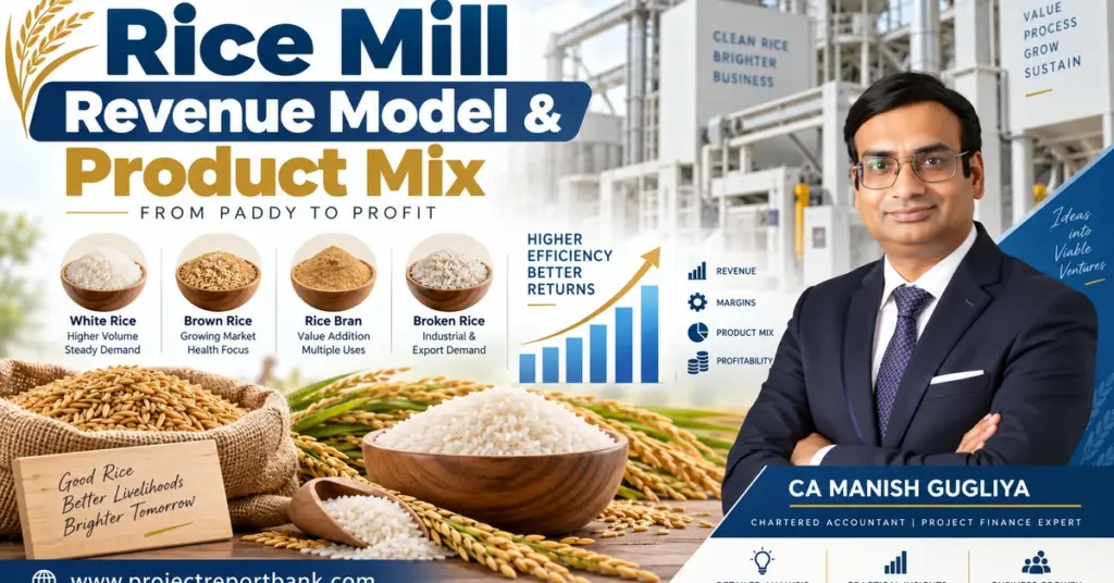 Rice Mill Revenue Model & Product Mix with rice products, revenue analysis, profitability insights and CA Manish Gugliya – ProjectReportBank.com
