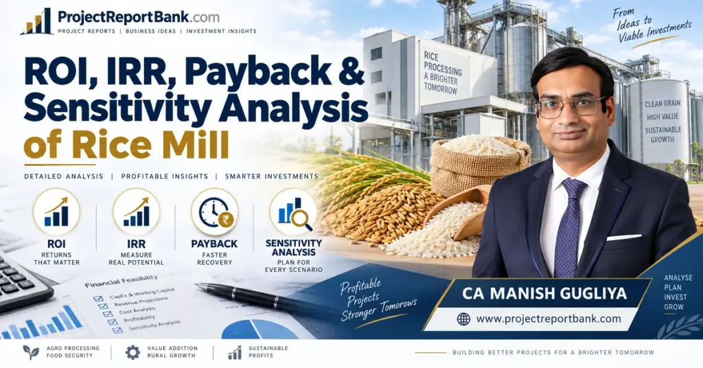 ROI, IRR, Payback and Sensitivity Analysis of Rice Mill by CA Manish Gugliya with rice processing plant and financial analysis visuals.