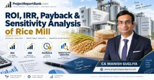 ROI, IRR, Payback and Sensitivity Analysis of Rice Mill by CA Manish Gugliya with rice processing plant and financial analysis visuals.