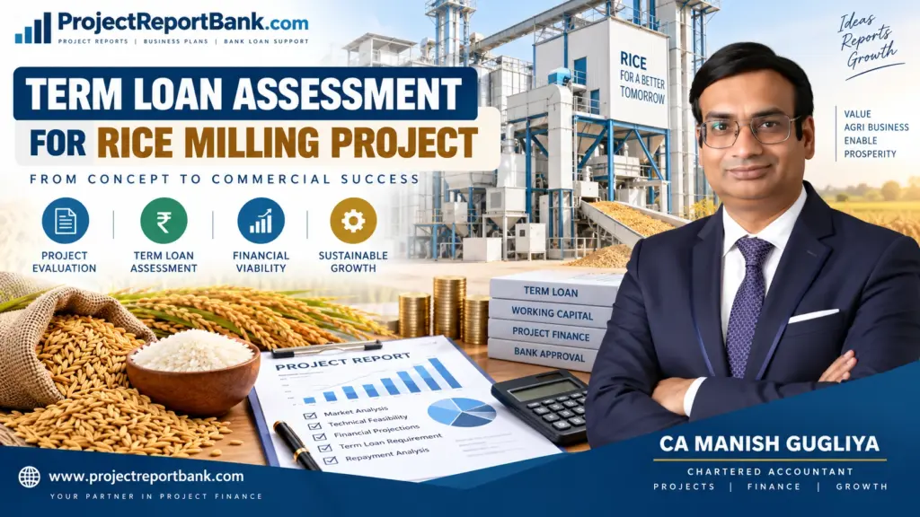 Term Loan Assessment for Rice Milling Project with rice mill plant, project finance analysis, paddy, financial report and CA Manish Gugliya.
