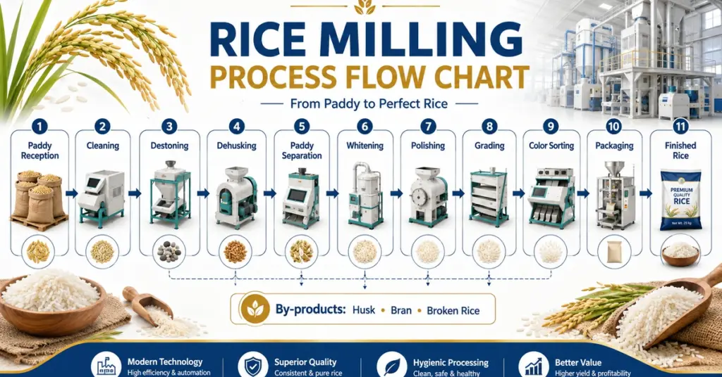 Rice milling process flow chart showing paddy reception, cleaning, destoning, dehusking, paddy separation, whitening, polishing, grading, color sorting, packaging and finished rice.