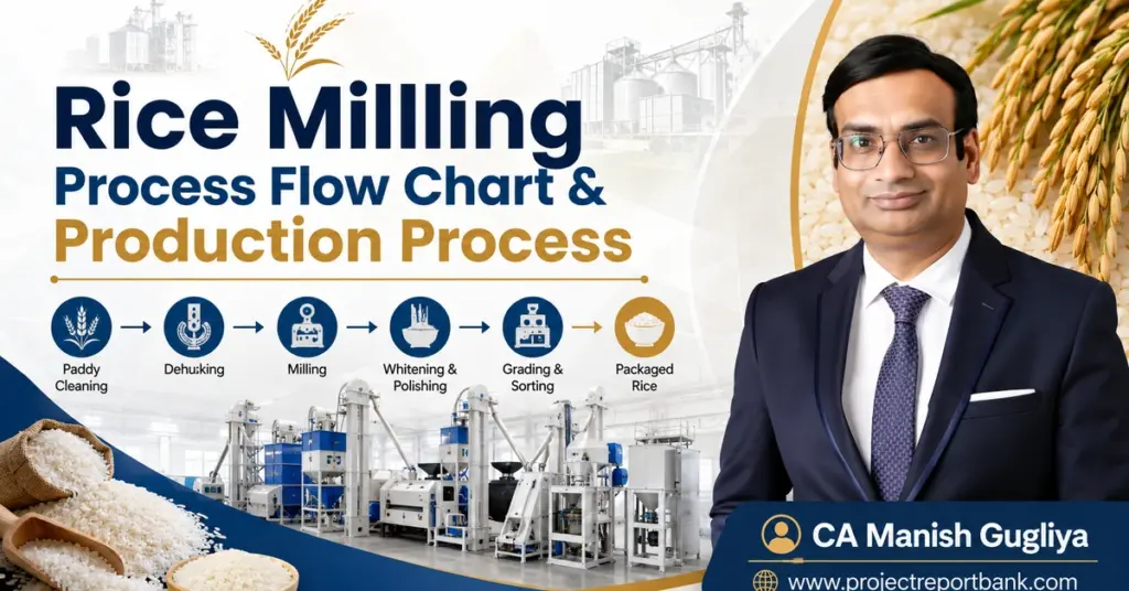 Rice milling process flow chart and production process with modern rice mill machinery, paddy cleaning, dehusking, milling, polishing, grading, sorting and packaging, featuring CA Manish Gugliya.
