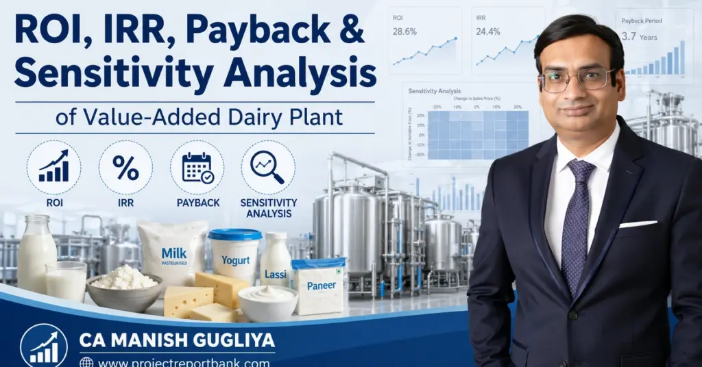 ROI, IRR, payback and sensitivity analysis of value-added dairy plant by CA Manish Gugliya, ProjectReportBank.com.