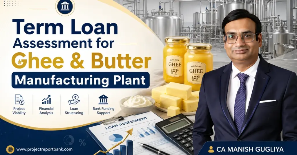 Term Loan Assessment for Ghee & Butter Manufacturing Plant by CA Manish Gugliya with dairy plant, ghee, butter and bank finance analysis visuals.
