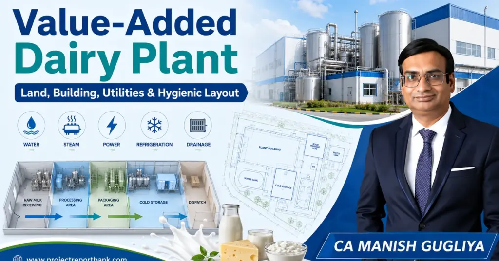 Value-Added Dairy Plant land, building, utilities and hygienic layout featuring dairy processing infrastructure, utility systems, plant layout and CA Manish Gugliya.