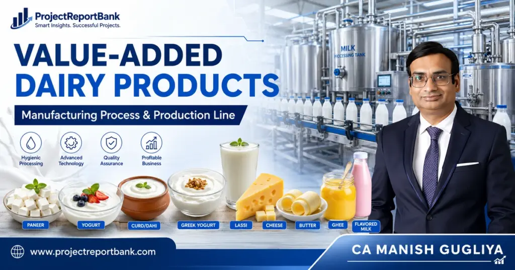 Value-Added Dairy Products Manufacturing Process & Production Line with dairy processing plant machinery, paneer, yogurt, curd, lassi, cheese, butter and ghee – CA Manish Gugliya, ProjectReportBank.com
