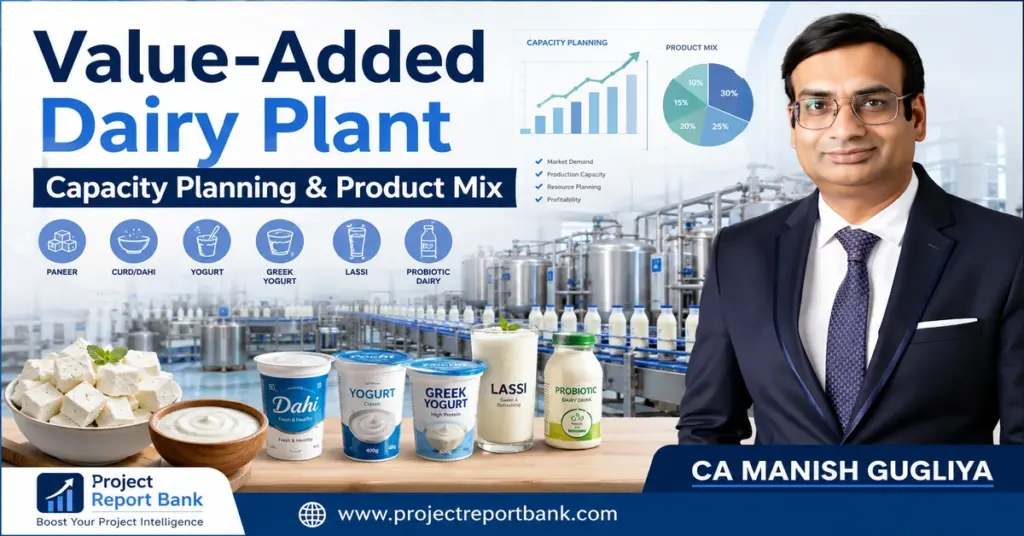 Value-Added Dairy Plant Capacity Planning & Product Mix featuring paneer, curd, yogurt, Greek yogurt, lassi, probiotic dairy products, modern dairy processing equipment and CA Manish Gugliya.