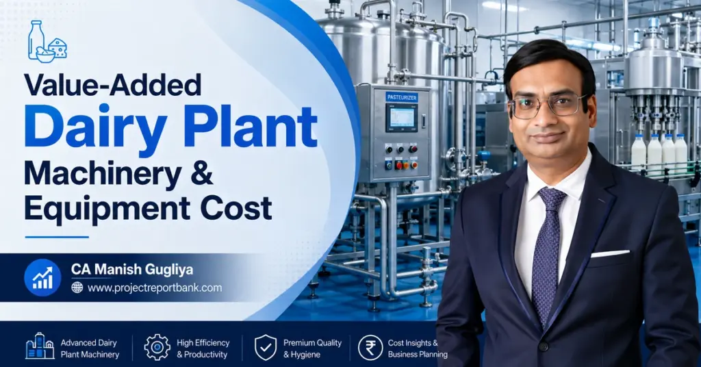 Value-Added Dairy Plant Machinery & Equipment Cost with CA Manish Gugliya and industrial dairy processing equipment.