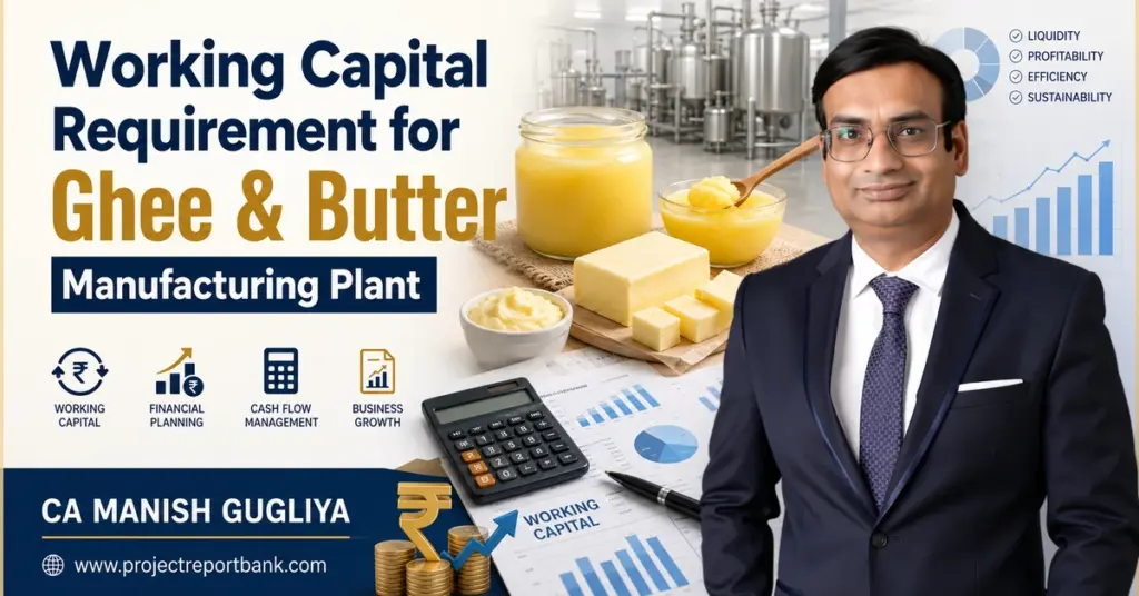 Working capital requirement for ghee and butter manufacturing plant with dairy products, financial charts, calculator, and CA Manish Gugliya.