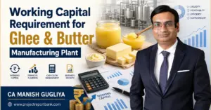 Working capital requirement for ghee and butter manufacturing plant with dairy products, financial charts, calculator, and CA Manish Gugliya.