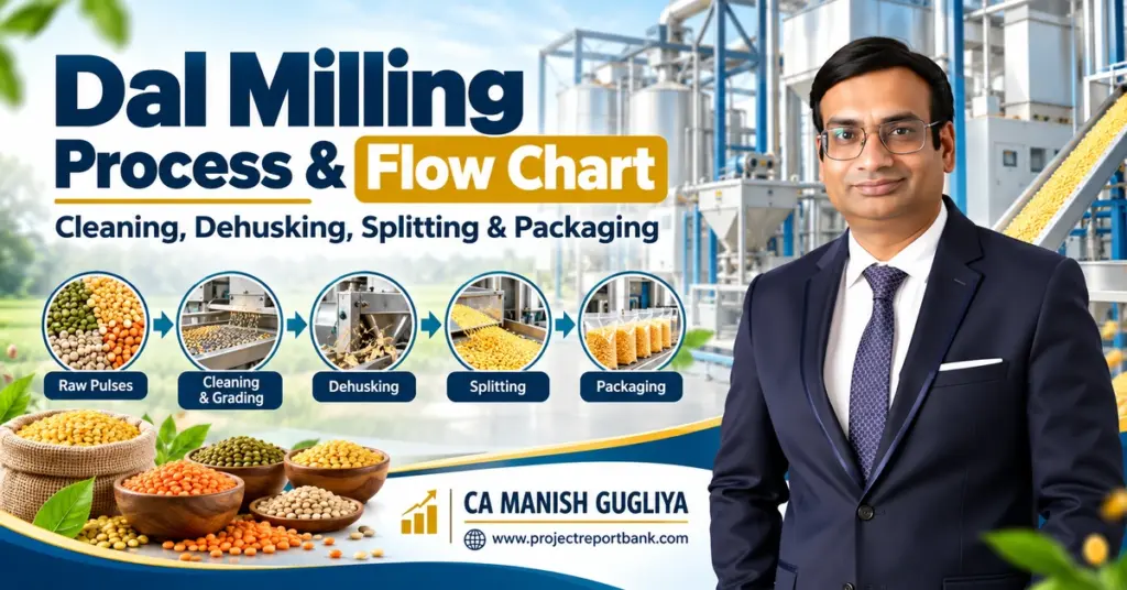 Dal Milling Process & Flow Chart showing raw pulse cleaning, grading, dehusking, splitting and packaging in an industrial dal processing plant – CA Manish Gugliya.