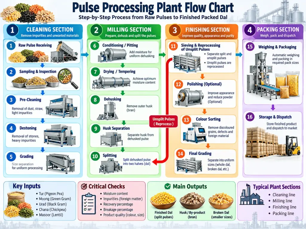 Pulse Processing Plant Flow Chart showing 16 step-by-step stages from raw pulse cleaning, grading, conditioning, dehusking and splitting to polishing, colour sorting, packaging and dispatch – CA Manish Gugliya.