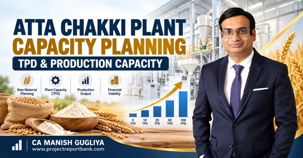 Atta Chakki Plant Capacity Planning – TPD & Production Capacity with flour mill machinery, wheat, production capacity chart, and CA Manish Gugliya.