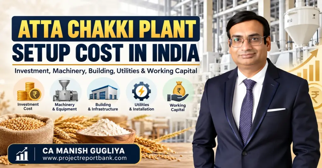 Atta Chakki Plant Setup Cost in India showing investment, machinery, building, utilities and working capital with CA Manish Gugliya.