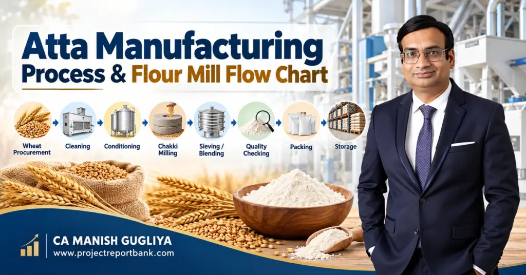 atta manufacturing process flour mill flow chart Atta manufacturing process and flour mill flow chart showing wheat procurement, cleaning, conditioning, chakki milling, sieving, quality checking, packing and storage, with CA Manish Gugliya.