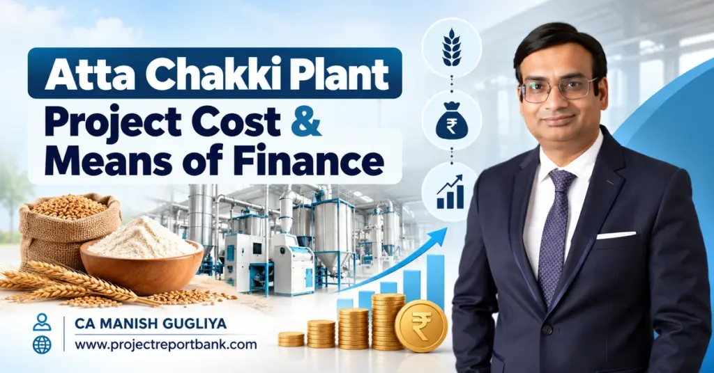 Atta Chakki Plant Project Cost & Means of Finance with flour mill machinery, wheat, atta, finance icons and CA Manish Gugliya.