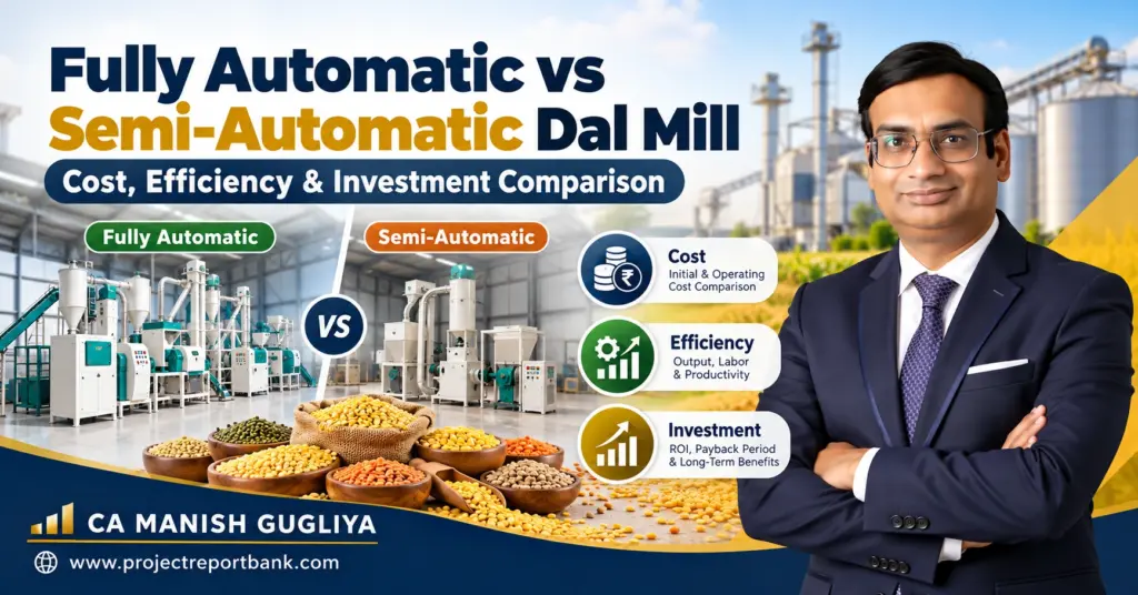 Fully Automatic vs Semi-Automatic Dal Mill comparison showing plant machinery, cost, efficiency, investment, ROI and payback analysis by CA Manish Gugliya.