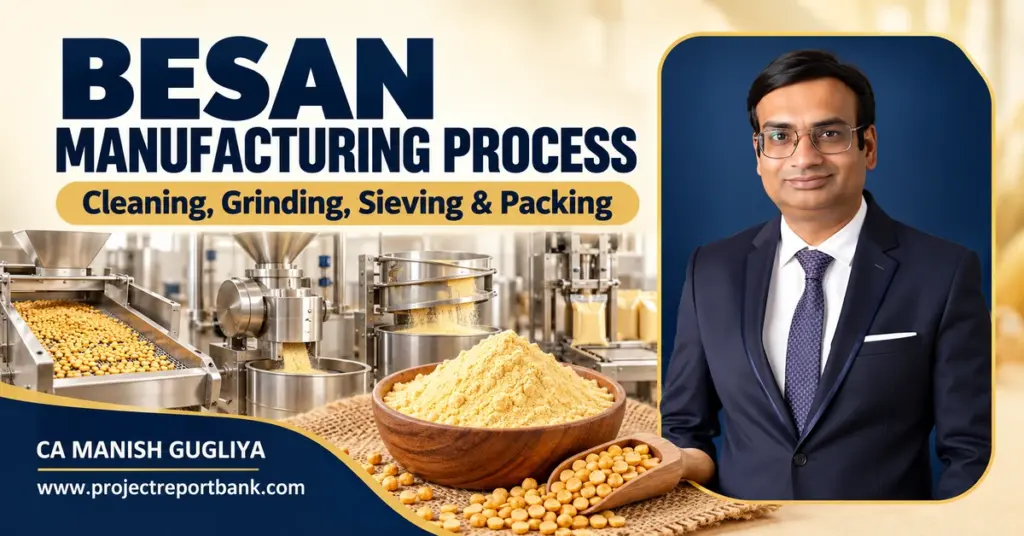 Besan manufacturing process showing cleaning, grinding, sieving and packing machinery, gram flour and CA Manish Gugliya.