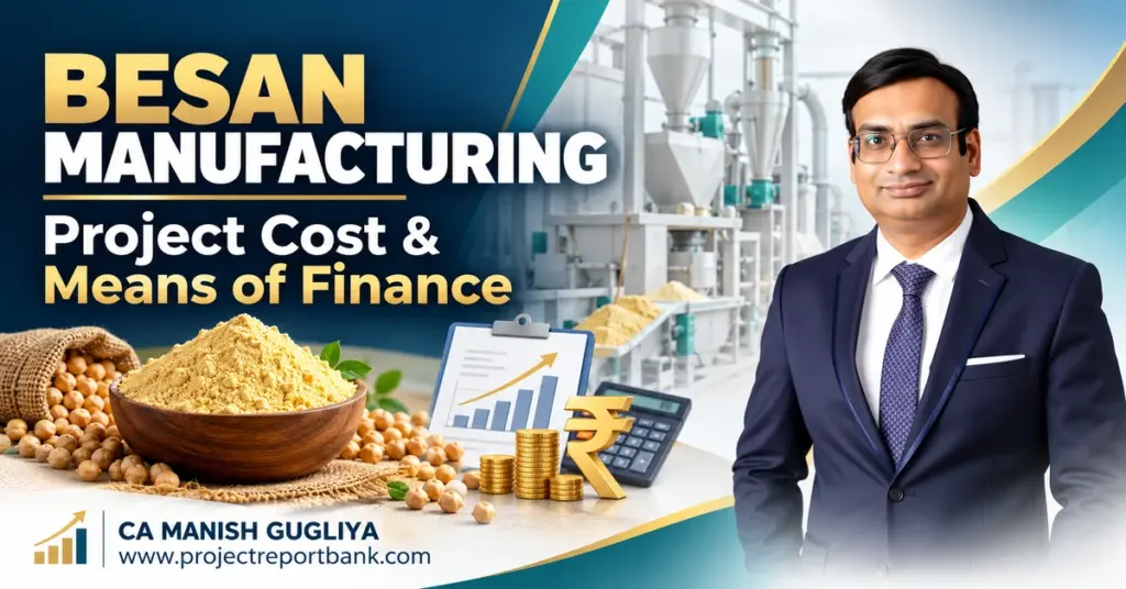 Besan manufacturing project cost and means of finance, featuring besan flour, processing machinery, finance symbols and CA Manish Gugliya.