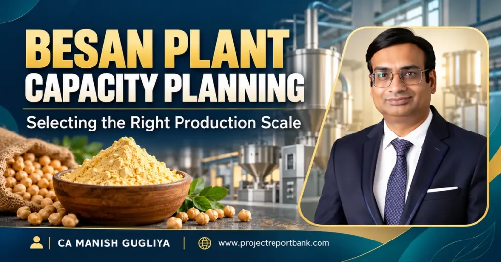 Besan plant capacity planning and production scale selection, featuring processing machinery, gram flour and CA Manish Gugliya.