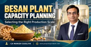 Besan plant capacity planning and production scale selection, featuring processing machinery, gram flour and CA Manish Gugliya.