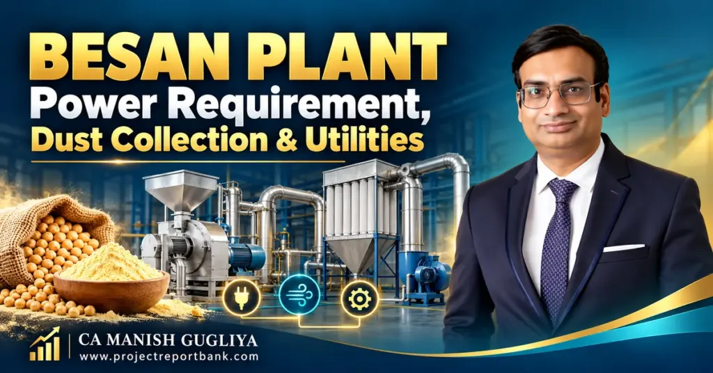 Besan plant power requirement, dust collection and utilities, featuring milling equipment and CA Manish Gugliya.