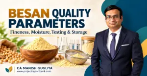 besan quality parameters Besan quality parameters covering fineness, moisture, testing and storage, featuring gram flour, a sieve and CA Manish Gugliya.